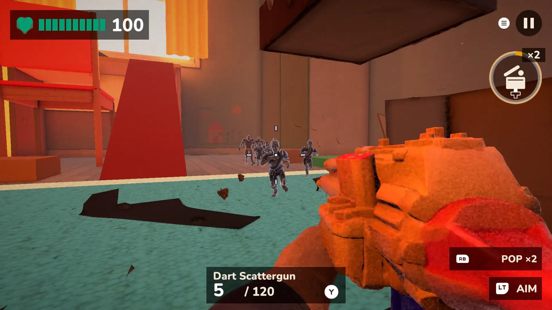 A party popper brings the top of a cardboard castle down onto the rug as zombie figures come on, with the controller's RB grenade hint on screen.