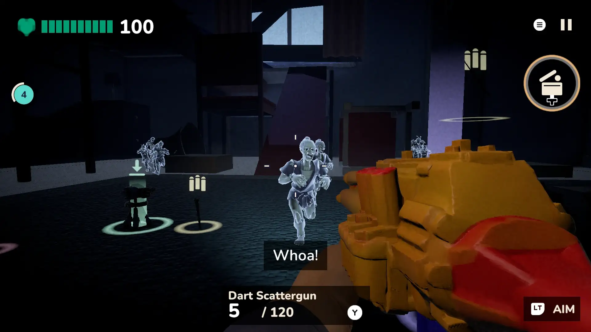 Wave 17 in the dark bedroom: glowing zombie figures close in on the player's scattergun, with the subtitle “Whoa!”.